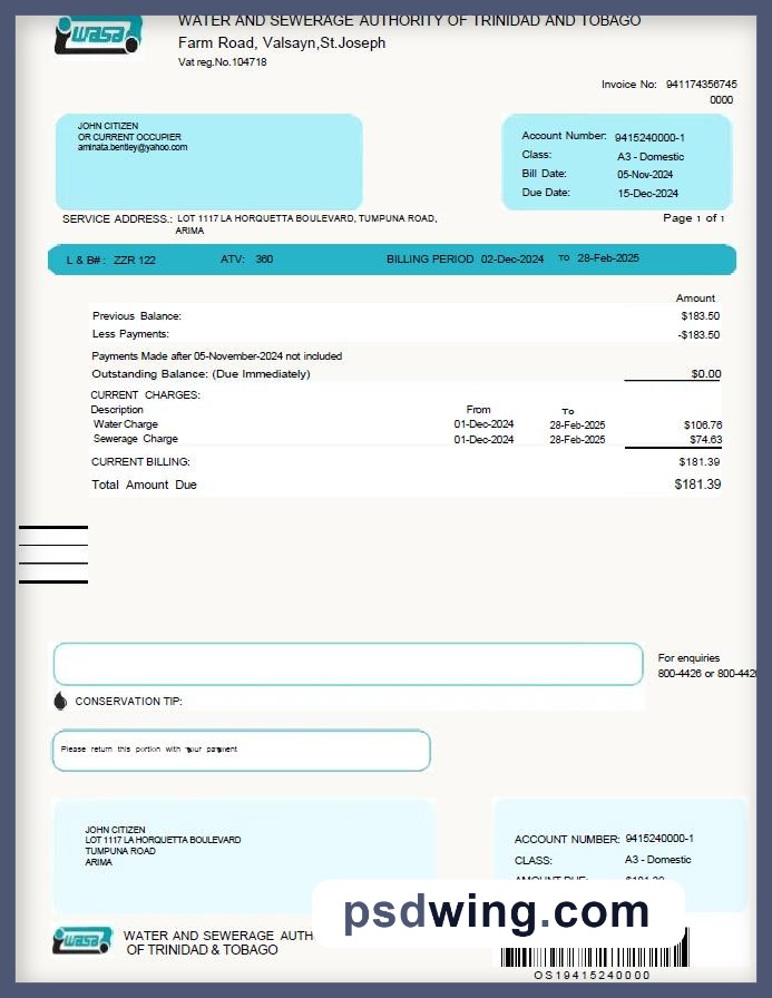 Trinidad and Tobago WASA Utility Bill